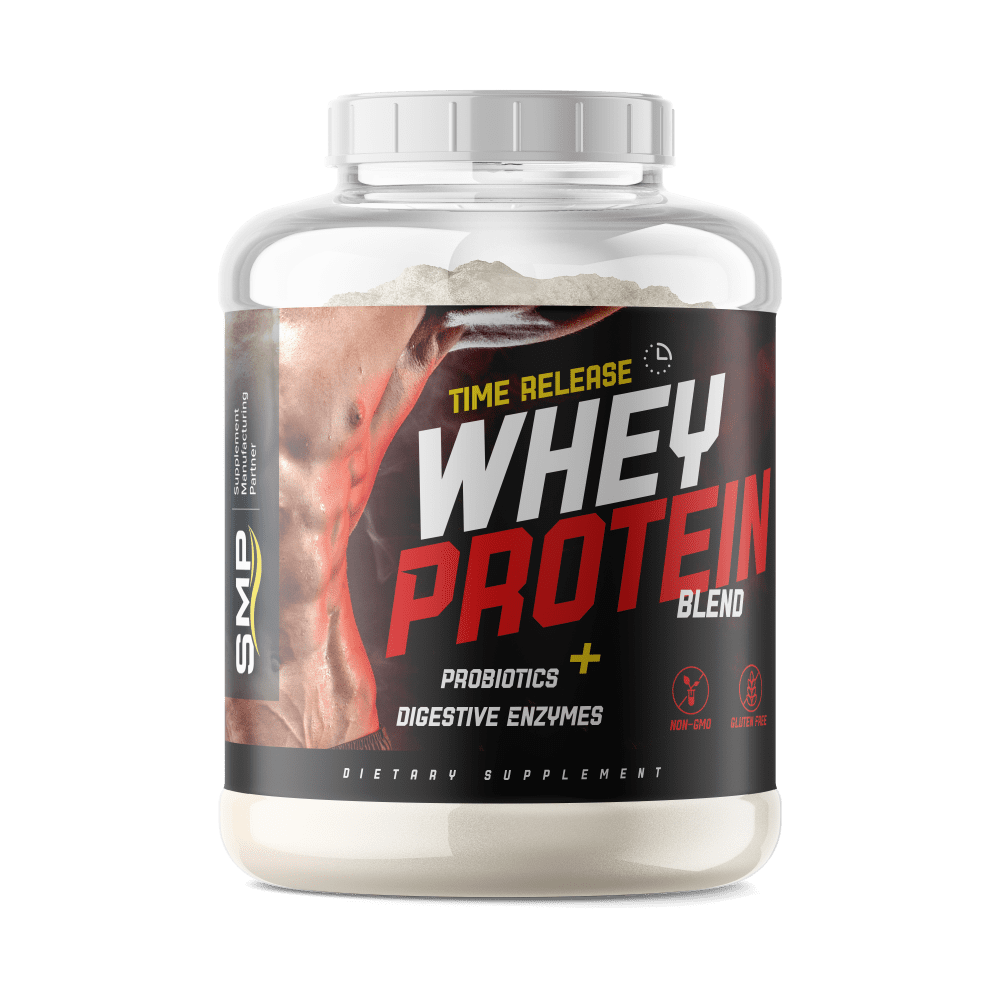 A time-release whey protein blend bottle with a custom-designed label