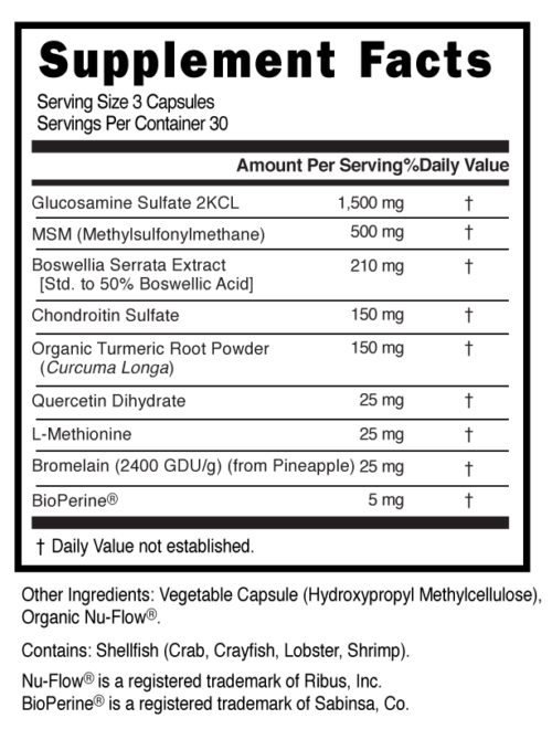 Joint Support Capsules 3 Servings Supplement Facts 100630 (002)