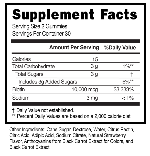 Biotin 10kmg Strawberry Gummies Supplement Facts 100547