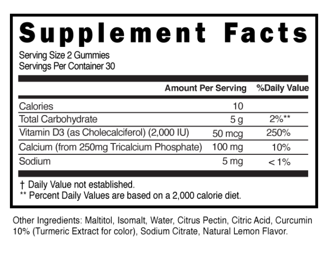 Vitamin D3 Calcium SugarFree Lemon Gummies Supplement Facts 100458 (002)