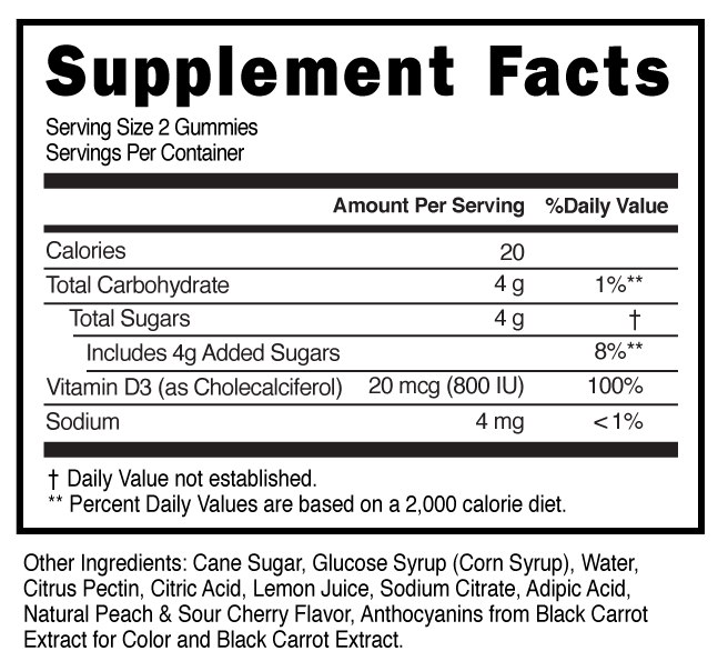 Vitamin D3 Sour Peach & Cherry Gummies Supplement Facts- 100566