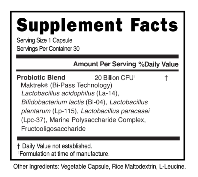 Probiotic 20 Billion Capsules Supplement Facts 100789