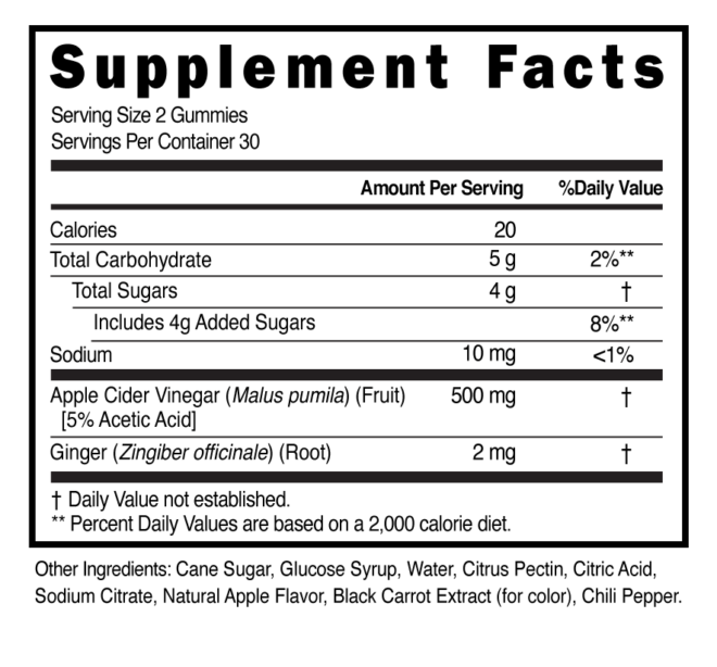 ACV & Ginger RED Gummies Supplement Facts 100593
