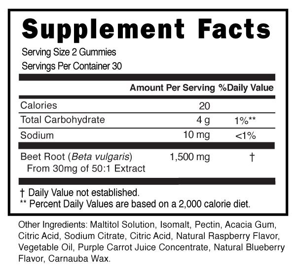 Beet Root 1500mg Sugar Free Gummies Supplement Facts 100990 (002)