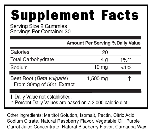 Beet Root 1500mg Sugar Free Gummies Supplement Facts 100990 (003)