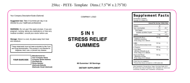 5 In 1 Stress Relief Gummies 250cc PETE 101055