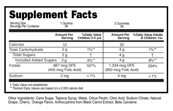 Folic Acid Childrens Gummies Supplement Facts 100546 (002)