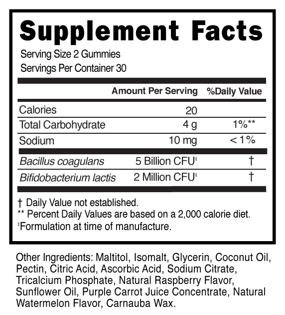Probiotic Sugar Free Gummies Raspberry Watermelon Supplement Facts 101056