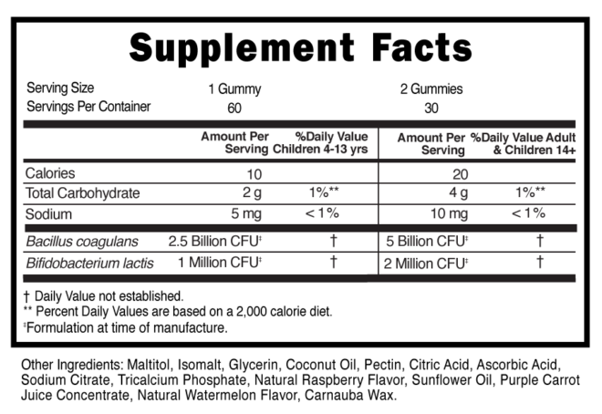 Probiotic Sugar Free Childrens Gummies Raspberry Watermelon Supplement Facts 101056