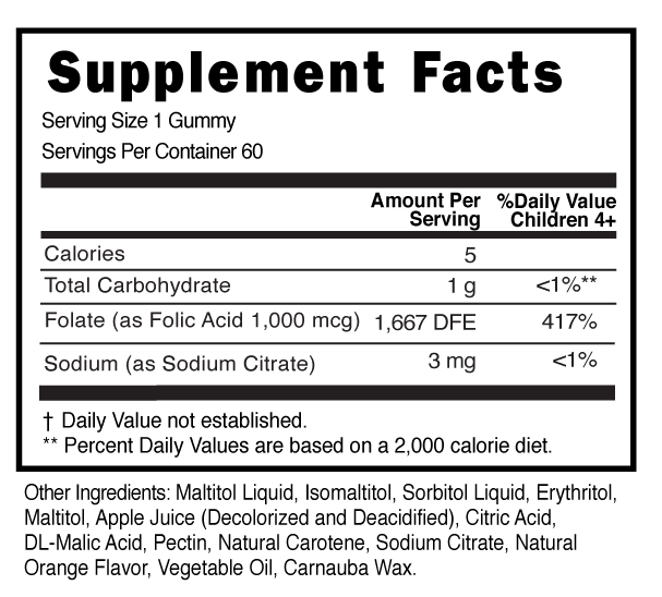 Folic Acid Sugar Free Childrens Gummies Supplement Facts 101113 (002)