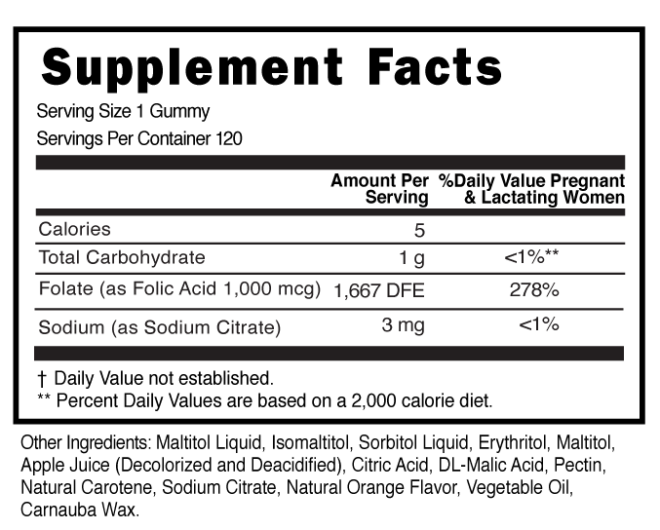 Prenatal Boost Folic Acid Sugar Free Gummies Supplement Facts 101113 (002)