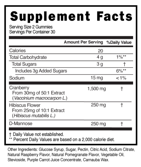 3 in 1 Urinary Support Gummies Supplement Facts 101160 (002)