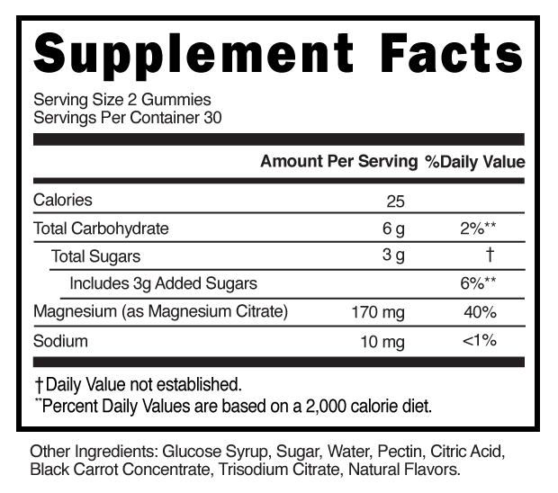 Magnesium Citrate Max 2 Serving Gummies Supplement Facts 101207 (002)