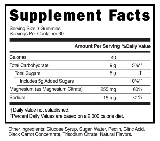 Magnesium Citrate Max 3 Servings Gummies Supplement Facts 101207 (002)