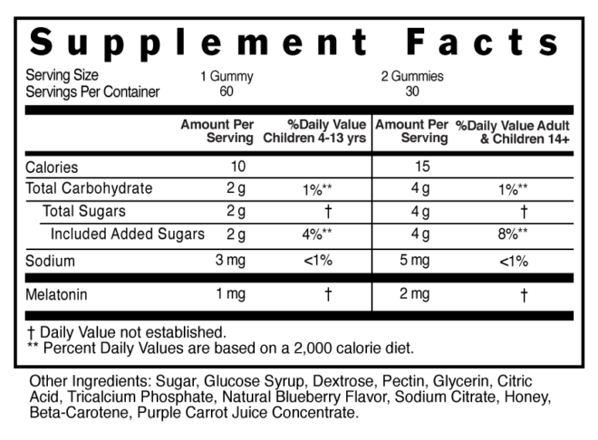 Melatonin 1mg Childrens Gummies Supplement Facts 101183 (002)