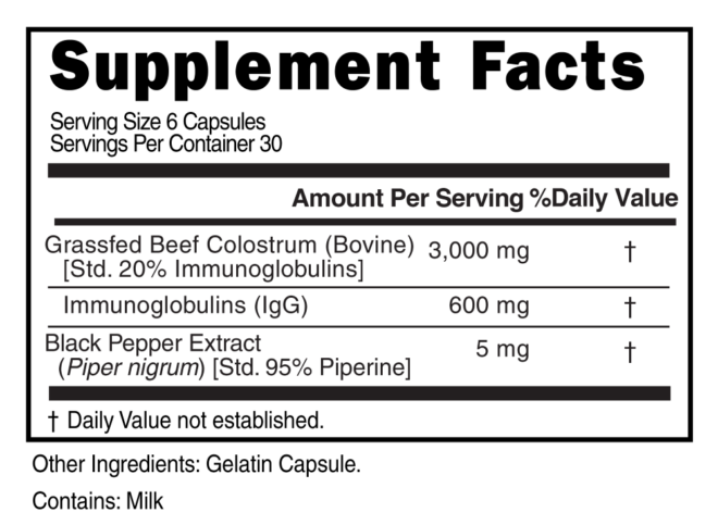 Grass Fed Beef Colostrum 6 Serving Capsule Supplement Facts 101242