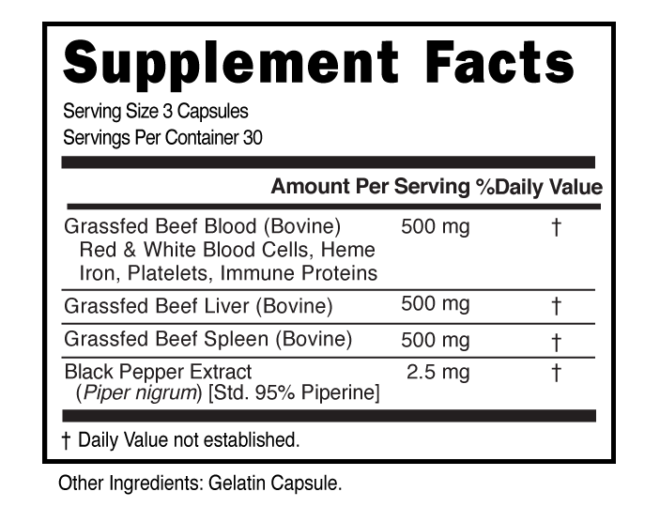 GrassFed Beef Blood Vitality 3 Serving Capsule Supplement Facts 101244 (002)