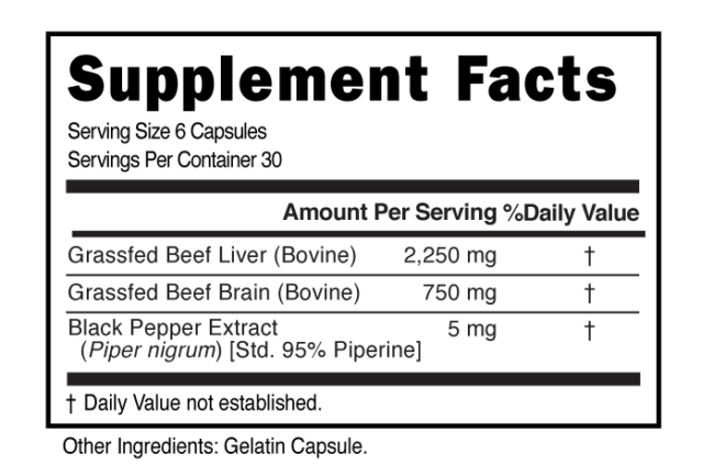 GrassFed Beef Brain 6 Serving Capsule Supplement Facts 101235 (002)