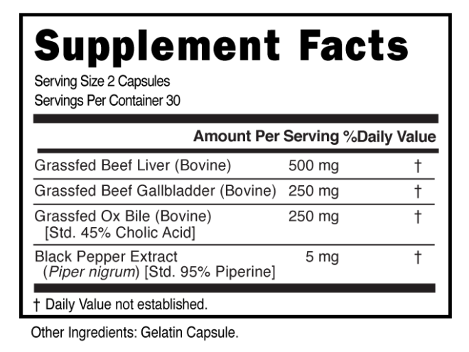 GrassFed Beef Gallbladder + OxBile Capsule Supplement Facts 101233 (002)