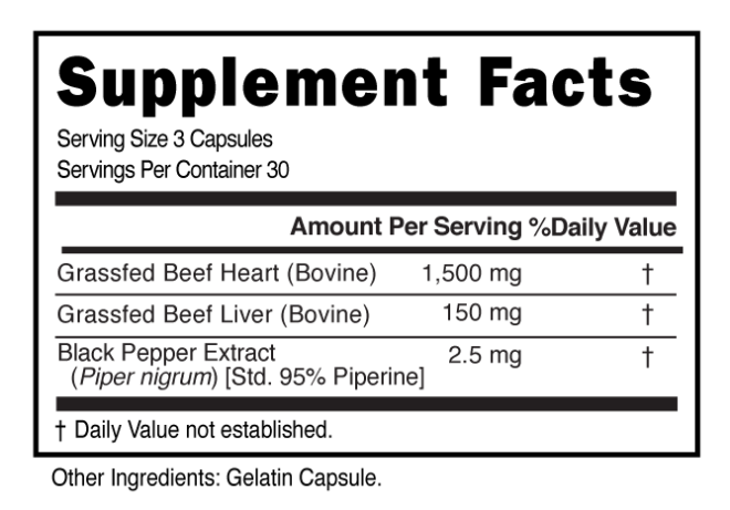 GrassFed Beef Heart 3 Serving Capsule Supplement Facts 101241 (002)