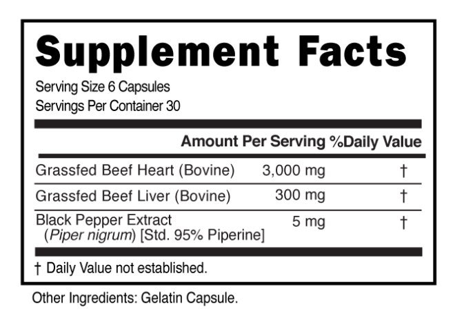 GrassFed Beef Heart 6 Serving Capsule Supplement Facts 101241 (002)