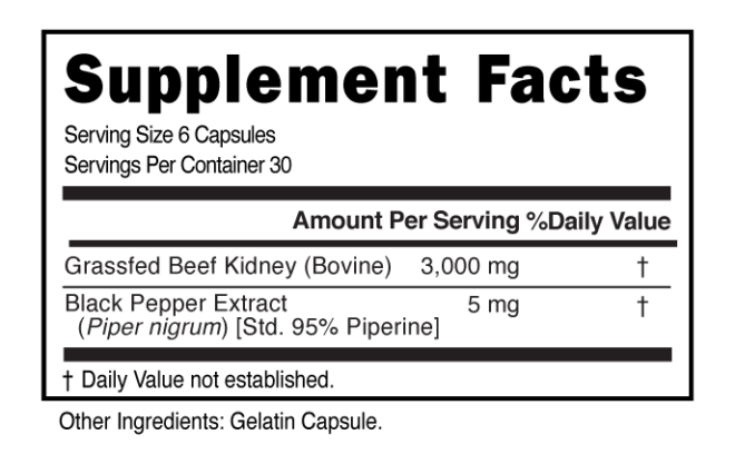 GrassFed Beef Kidney 6-Serving Capsule Supplement Facts 101236 (002)