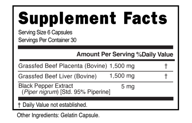 GrassFed Beef Placenta 6 Serving Capsule Supplement Facts 101240 (002)
