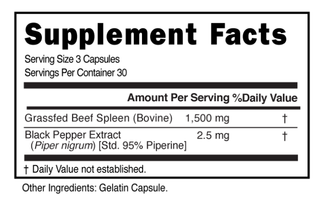 GrassFed Beef Spleen 3 Serving Capsule Supplement Facts 101239 (002)