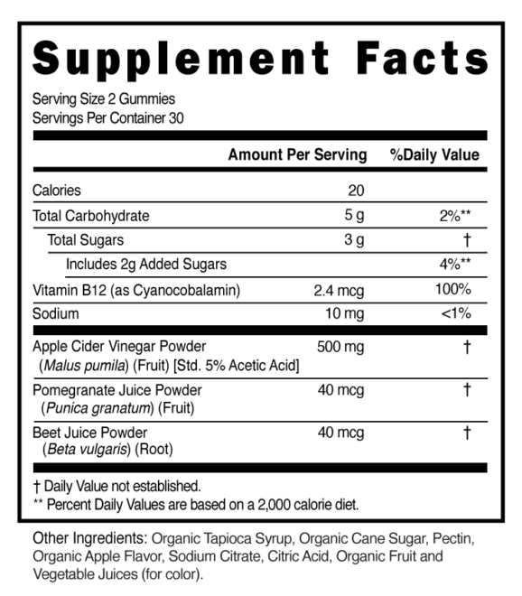 Organic ACV 500mg Gummies Supplement Facts 101258 (002)