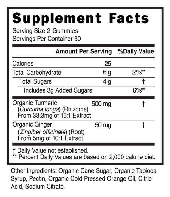 Organic Turmeric 500mg Ginger Gummies Supplement Facts 101260 (002)