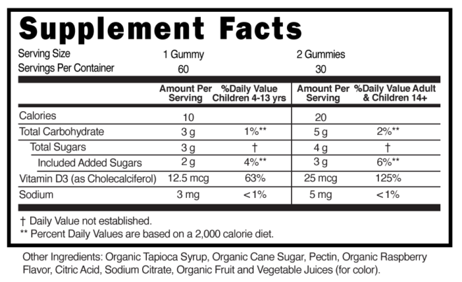 Organic Vegan Vitamin D3 Childrens Gummies Supplement Facts 101256 (002)