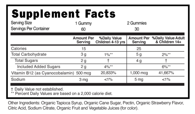 Organic Vitamin B12 Childrens Gummies Supplement Facts 101257