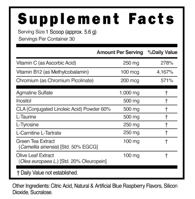 Non-Stim Shred Pre Workout Powder Blue Raspberry Supplement Facts 101316 (002)