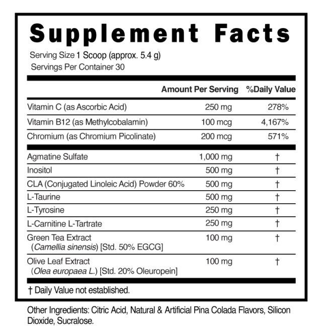 Non-Stim Shred Pre Workout Powder Pina Colada Supplement Facts 101317 (002)