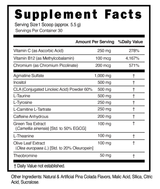 Shred Pre Workout Powder Pina Colada Supplement Facts 101313 (003)