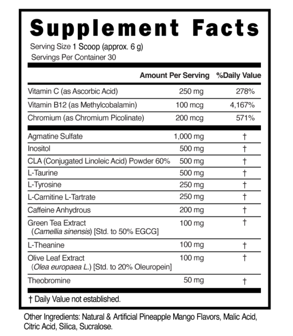 Shred Pre Workout Powder Pineapple Mango Supplement Facts 101314 (003)