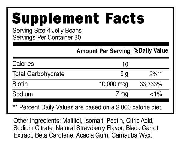 Sugar Free Biotin 10k mcg Strawberry Jellybeans Supplement Facts 101332 (002)