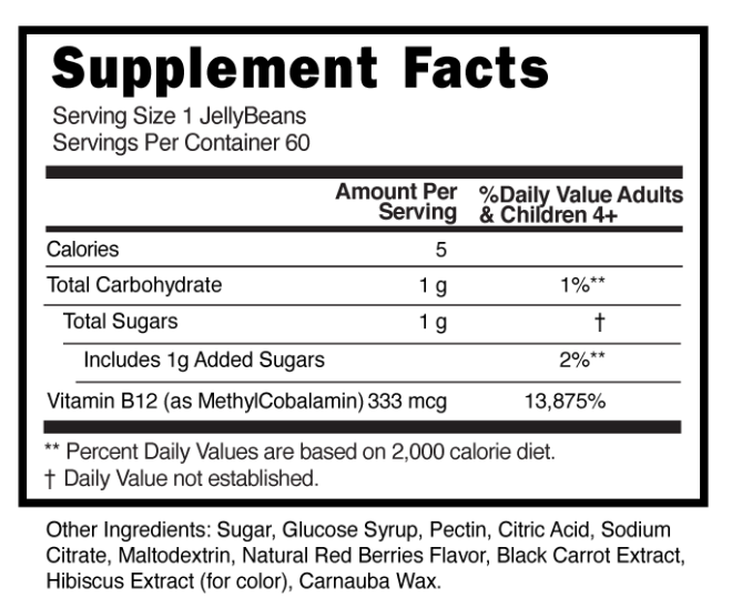 Vitamin B12 Childrens Jellybeans Supplement Facts 101328 (002)