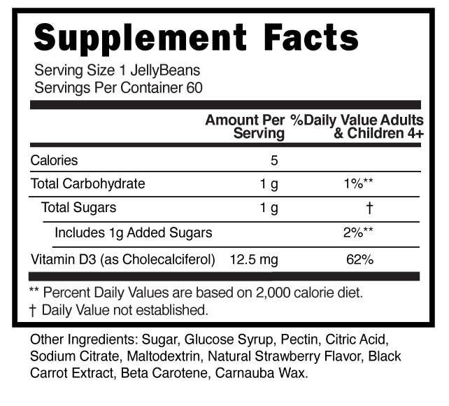 Vitamin D3 Childrens Jellybeans Supplement Facts 101326 (002)