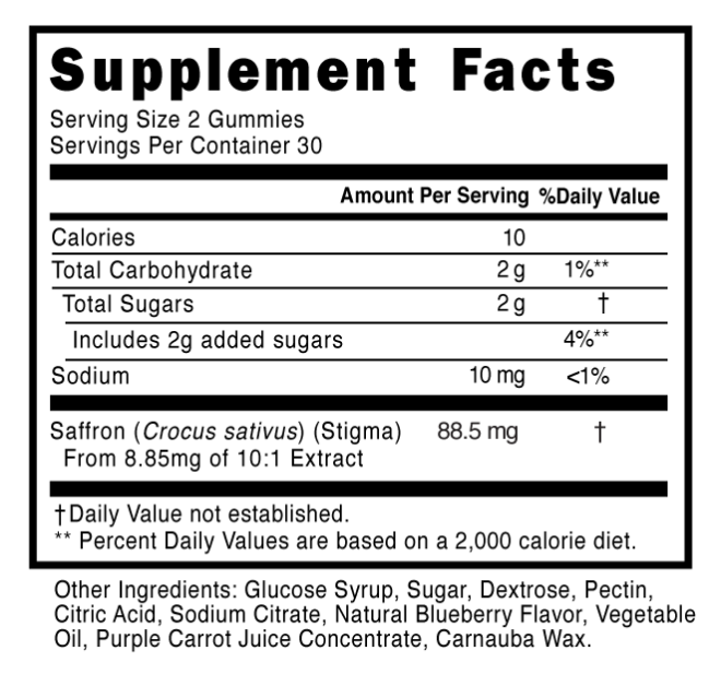 Saffron Gummies Supplement Facts 101454 (003)