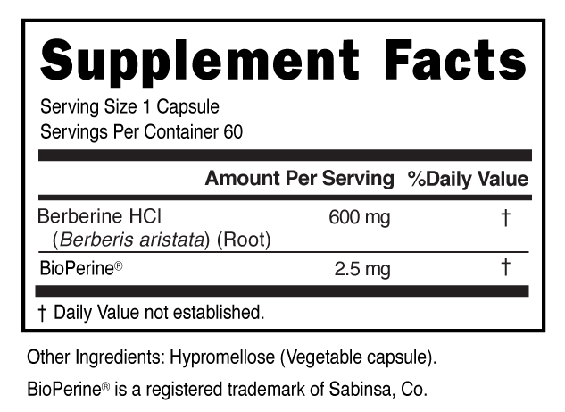 Berberine Capsules 600 Supplement Facts 101475 (002)