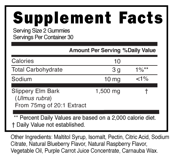 Elm Bark Sugar Free Gummies Supplement Facts 101494 (002)