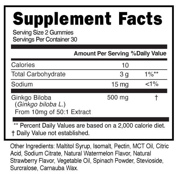 Ginkgo Biloba Sugar Free Gummies Supplement Facts 101489 (002)