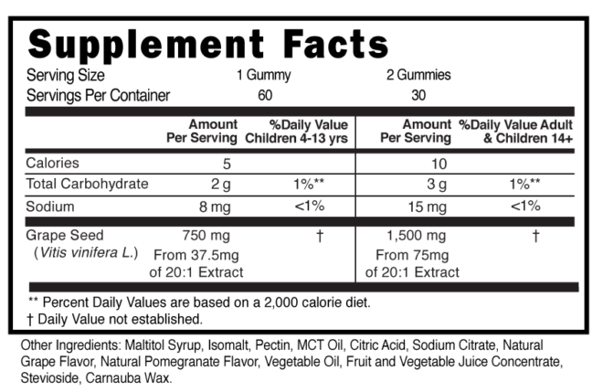 Grape Seed Childrens Sugar Free Gummies Supplement Facts 101493 (002)
