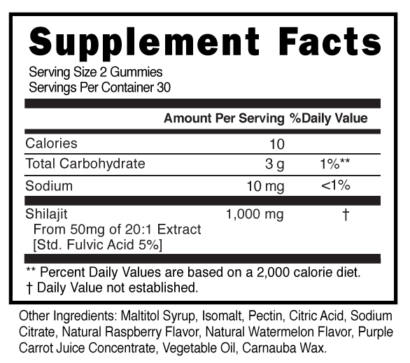 Shilajit Sugar Free Gummies Supplement Facts 101490 (002)