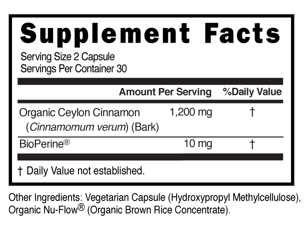 Ceylon Cinnamon Bioperine 2 Capsules Supplement Facts 100570
