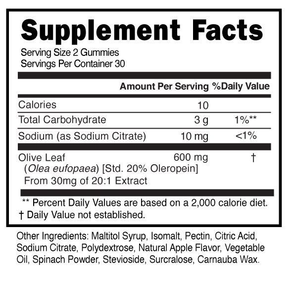 Olive Leaf Sugar Free Gummies Supplement Facts 101538 (002)