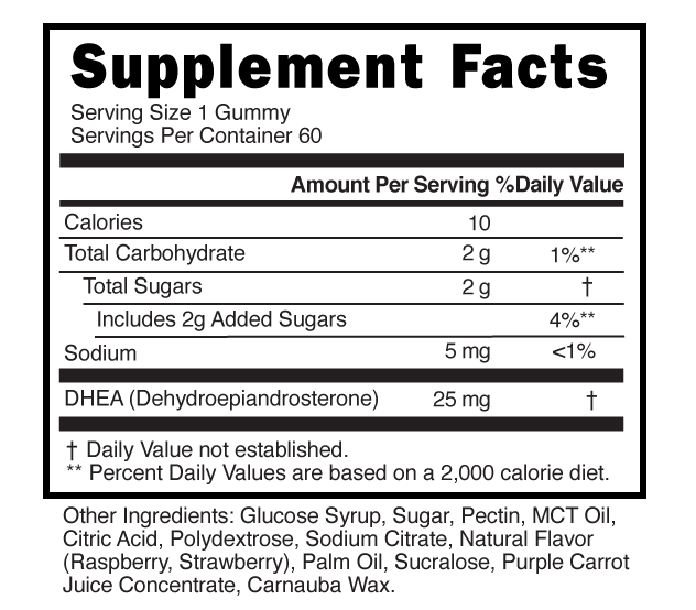 DHEA Gummies 1 Serving Supplement Facts 101571 (002)