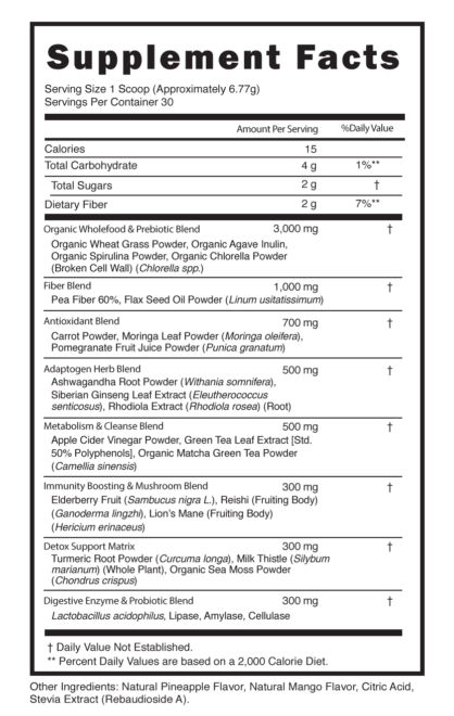 ACV + Irish Sea Moss SuperGreens Supplement Facts Pineapple Mango 101599