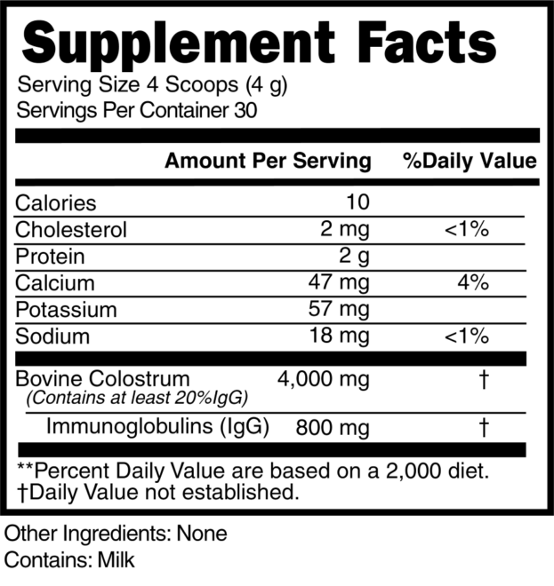 Colostrum Powder Supplement Facts 4 Scoops 101607